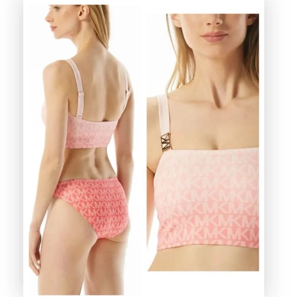 Michael Kors Square Neck Logo Pink Cropped Bikini Top Swimsuit $107